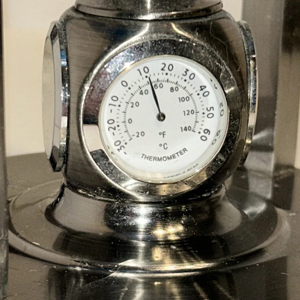 Globe By Alex‎ Kalifano-Chrome Revolving W\ 2 Clocks Thermometer & Hydrometer